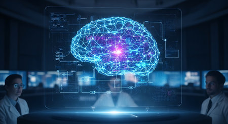 Illustration of brain scan with doctors in background showing neurological activityの素材