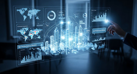 Illustration of business man using futuristic interface with financial charts and world mapの素材