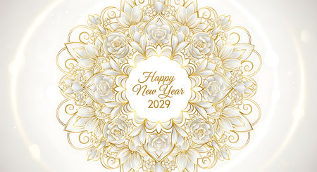 Illustration of happy new year 2029 greeting card with golden floral mandala designの素材