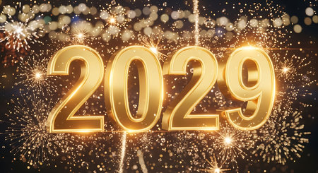 Illustration of celebrating new year 2029 with golden numbers and fireworks backgroundの素材