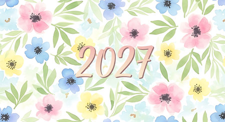 Illustration of watercolor floral pattern background with the year 2027 in the centerの素材