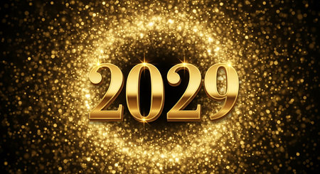 Illustration of golden 2029 year with sparkling particles on a dark backgroundの素材
