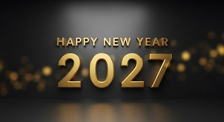 Illustration of golden happy new year 2027 with bokeh lights on a dark backgroundの素材