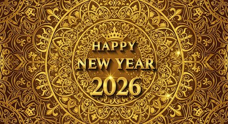 Illustration of happy new year 2026 gold mandala pattern background for festive celebrationの素材