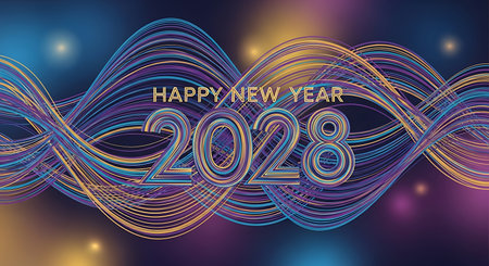 Illustration of abstract happy new year 2028 background with colorful wave line designの素材
