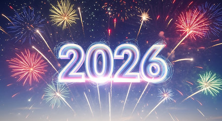 Illustration of happy new year 2026 fireworks display, festive celebration and greeting cardの素材