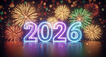 Illustration of happy new year 2026 with colorful fireworks and neon light for celebrationの素材