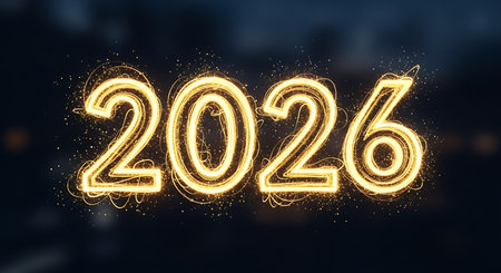 Illustration of golden sparkling 2026 year on a dark blue blurred backgroundの素材