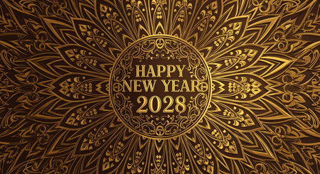 Illustration of happy new year 2028 golden mandala pattern background for celebrationの素材