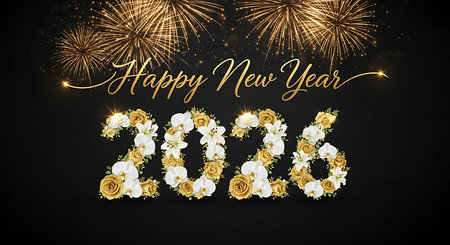 Illustration of happy new year 2026 floral text with fireworks on black backgroundの素材