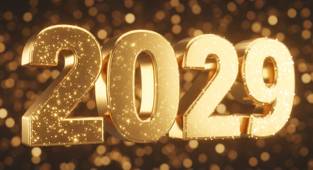 Illustration of golden 2029 new year celebration with bokeh lights in the backgroundの素材