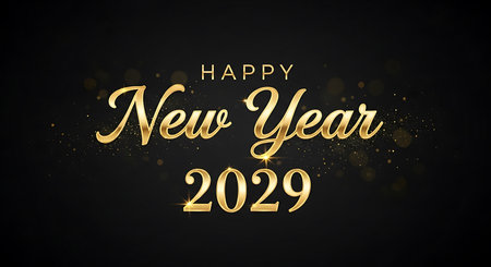 Illustration of happy new year 2029 golden text effect on black background with bokehの素材