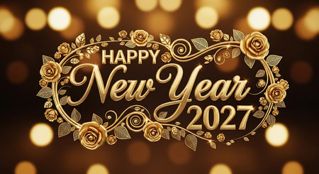 Illustration of happy new year 2027 greeting card with golden roses and floral frameの素材