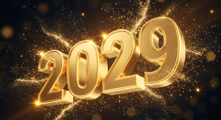 Illustration of golden 2029 new year celebration with sparkling glitter and bokeh lightsの素材