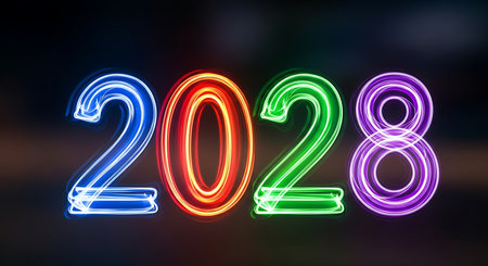 Illustration of colorful neon lights spell out the year 2028 on a dark backgroundの素材