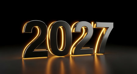 Illustration of elegant 2027 new year design with golden outline on a dark backgroundの素材