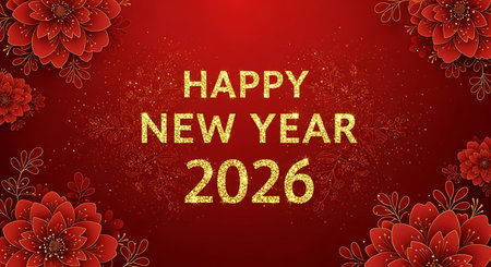 Illustration of happy new year 2026 with flowers on a red background, festive designの素材
