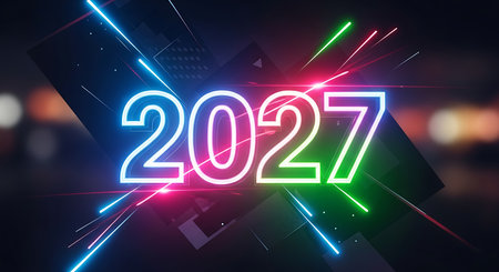 Illustration of bright neon 2027 new year design with colorful glowing light streaksの素材