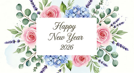 Illustration of happy new year 2026 floral frame isolated on white backgroundの素材