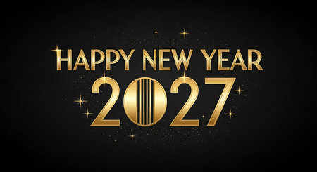 Illustration of happy new year 2027 golden text effect on black background with starsの素材