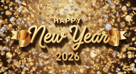 Illustration of happy new year 2026 with golden confetti and ribbon on gold backgroundの素材