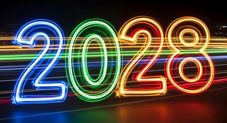 Illustration of colorful light painting of 2028 for new year celebration on dark backgroundの素材