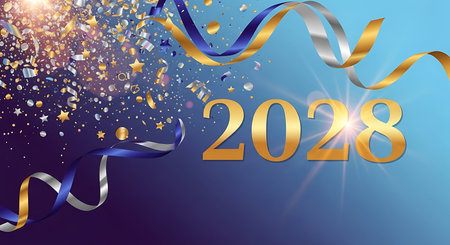 Illustration of festive 2028 new year celebration with confetti and ribbon on blue backgroundの素材