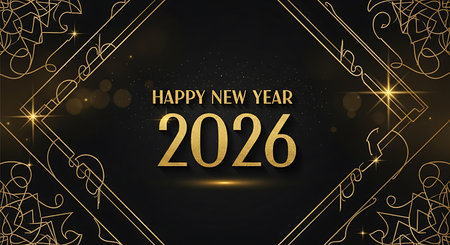 Illustration of elegant 2026 new year design with golden art deco frame on blackの素材