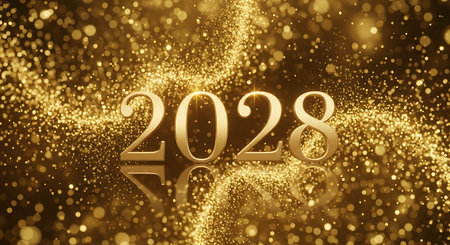 Illustration of happy new year 2028 with golden glitter and sparkles on gold backgroundの素材