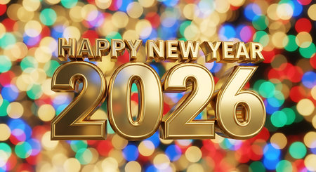 Illustration of happy new year 2026 gold text on colorful bokeh background, festive designの素材