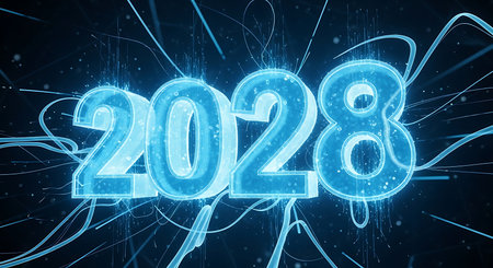 Illustration of futuristic glowing neon 2028 new year design on a dark backgroundの素材