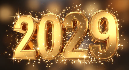 Illustration of golden 2029 new year celebration with glittering particles and bokeh lightsの素材