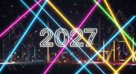 Illustration of neon 2027 new year celebration with colorful light and city skylineの素材