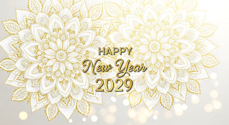 Illustration of elegant happy new year 2029 greeting card with golden floral ornamentsの素材