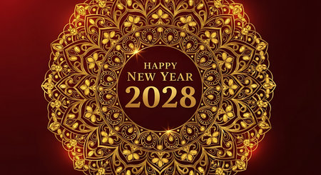 Illustration of happy new year 2028 greeting card with golden mandala decorationの素材
