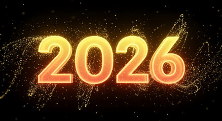 Illustration of golden 2026 number with glittering particles on black festive backgroundの素材