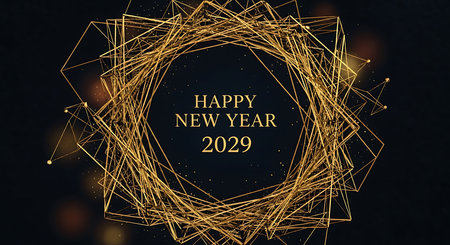Illustration of happy new year 2029 golden geometric frame on dark backgroundの素材