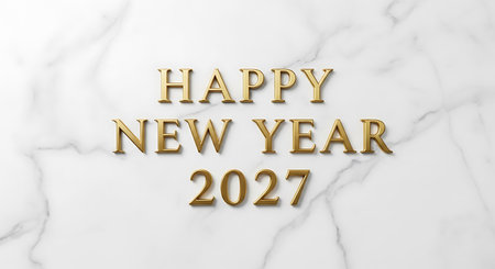 Illustration of happy new year 2027 golden text on white marble background, top viewの素材
