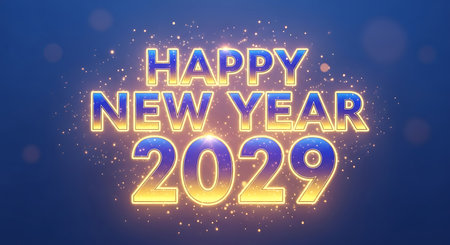 Illustration of happy new year 2029 glowing text effect on blue background with bokehの素材