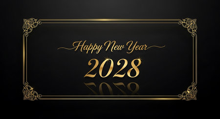 Illustration of happy new year 2028 golden frame with floral ornaments on black backgroundの素材