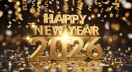 Illustration of happy new year 2026 golden text with confetti and stars backgroundの素材