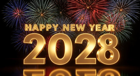 Illustration of happy new year 2028 with colorful fireworks in the night skyの素材