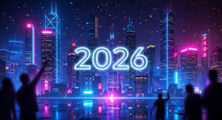 Illustration of new year 2026 celebration with neon city background and people silhouetteの素材