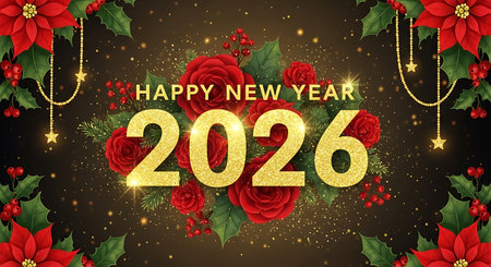 Illustration of happy new year 2026 greeting card with roses and poinsettia flowersの素材