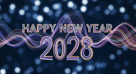 Illustration of happy new year 2028 with abstract wave and bokeh backgroundの素材