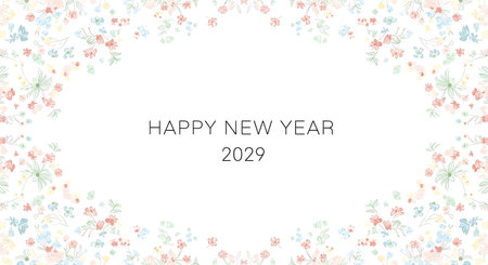 Illustration of happy new year 2029 floral frame isolated on white backgroundの素材