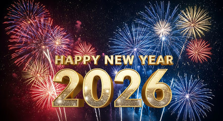Illustration of happy new year 2026 golden text with colorful fireworks backgroundの素材