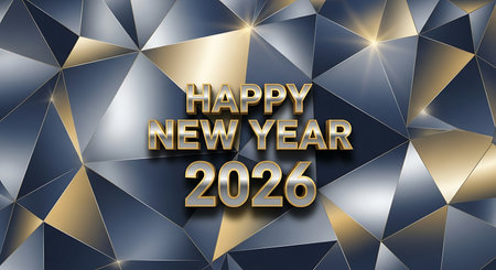 Illustration of happy new year 2026 golden text effect on geometric background designの素材