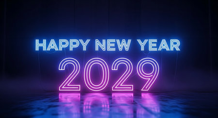 Illustration of happy new year 2029 neon sign with blue and pink light effectの素材