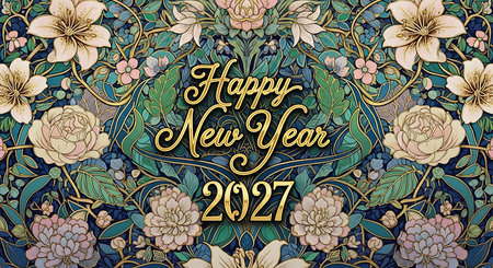 Illustration of happy new year 2027 floral design with vintage flower and leaf patternの素材